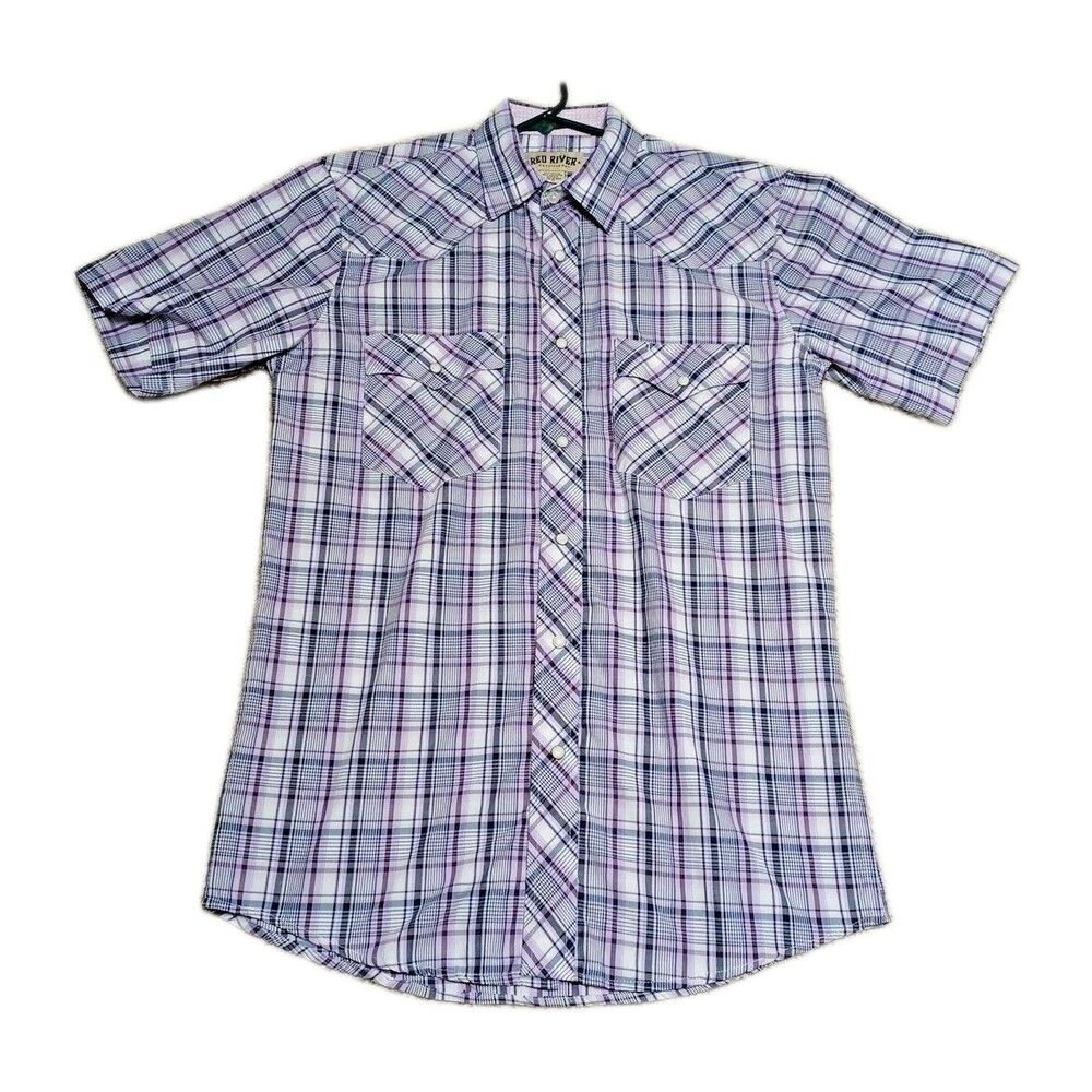 North River Outfitter Men's Medium Purple Plaid Western Button Down Shirt M Long